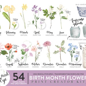 Watercolor birth month flower clipart bundle with 54 printable floral designs