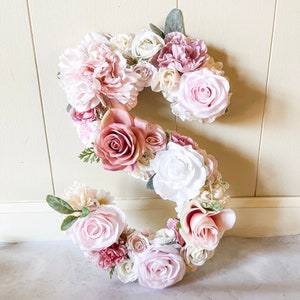 Floral flower letter decoration with pink and white roses and dusty rose accents