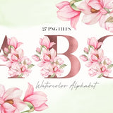 Watercolor Flowers Alphabet PNG, Gold Rose Floral Alphabet, Transparent PNG, Floral Uppercase Letters, Soft Pink Botanical Alphabet 14W