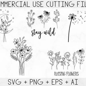 Wildflower floral SVG clipart sheet with line-art flowers and quotes 'stay wild'