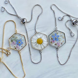 Silver, gold plated slider bracelet with real pressed flowers, forget me not flowers, daisy, hexagon, gifts for her, one of a kind, dainty