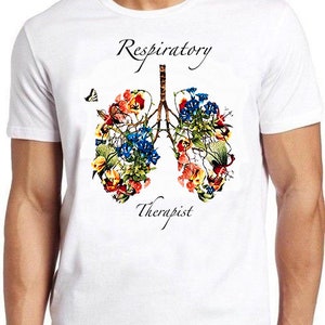 White T-shirt: Respiratory Therapist text with colorful butterfly lungs graphic