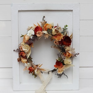 Ivory, orange, and rust flower crown wedding headpiece