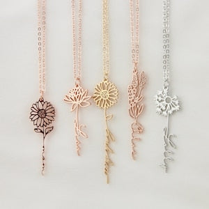 Floral birth-flower pendant name necklaces with dangling charms on thin chains