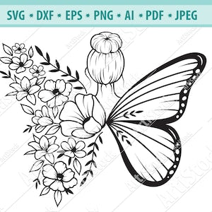 Floral butterfly wing line art with flowers and leaves, black and white