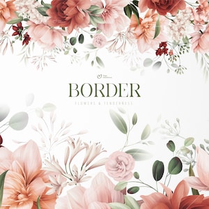 Floral border wedding invite card with pink and peach flowers, green leaves, frame