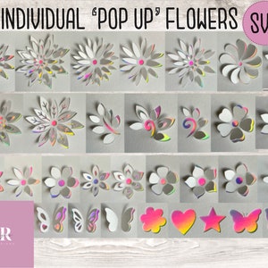 3D paper pop-up flower SVG cut files with layered petals and colorful hearts, stars, decor