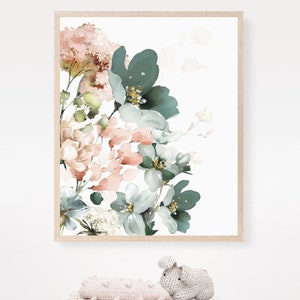 Framed floral wall art print with blush flowers and eucalyptus-style green leaves