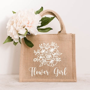 Jute tote bag with handle, floral snowflake design and Flower Girl print