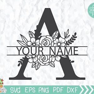 Floral split letter A monogram SVG with black botanical flowers and vines