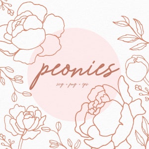Peony line art floral design with leaves and script “peonies” in warm orange outline