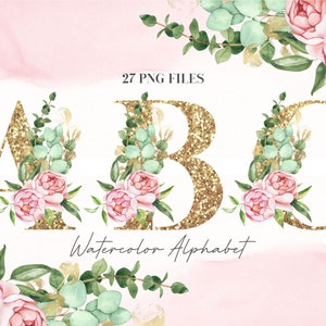 Gold glitter uppercase letter B with watercolor flowers and eucalyptus leaves, transparent PNG