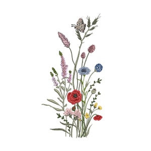 Floral machine embroidery bouquet pattern with wild meadow flowers and grasses