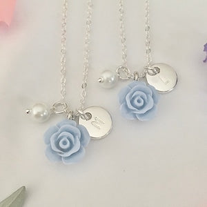 Light blue flower girl necklace with blue rose charm and pearl drop beads
