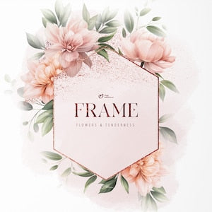 Peony floral frame invitation card with pink flowers and hexagon outline text "FRAME"