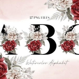 Floral watercolor alphabet letter B PNG with black uppercase shape and red rose accents