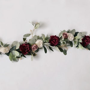 Silk rose and lamb's ear garland with burgundy and ivory blooms, green eucalyptus leaves