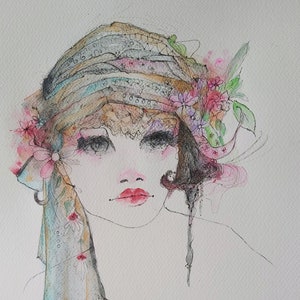 Watercolor pencil portrait of a woman with floral headscarf, soft pastel tones