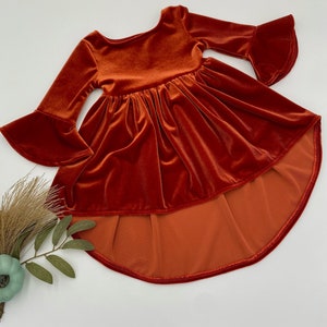 Children's rust red velvet dress with bell sleeves and gathered waist, flared hem