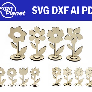 Laser-cut flower decoration set with wooden stand bases and assorted bloom shapes
