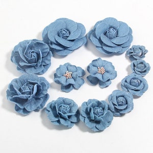 Blue denim fabric flower hair clips set, multiple rosette flowers