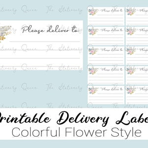 Printable delivery labels sheet with pink and blue flower designs