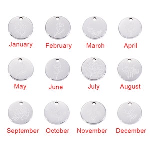Stainless steel birth flower pendant disc set, round engraved flower designs