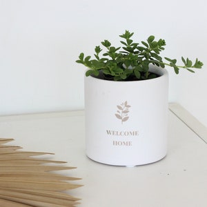 Engraved white terracotta planter pot with leaf design and “WELCOME HOME” text