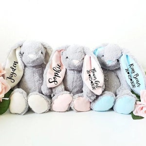 Soft plush teddy bears with embroidered names, pastel colors and outfits