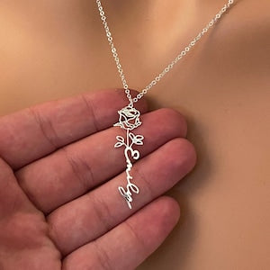 Name Necklace with Birth Flower, 18K Gold, Rose, 925K sterling Silver, Personalized Gift, Mother Gift, Gold Name Necklace, Gift for Her, HER