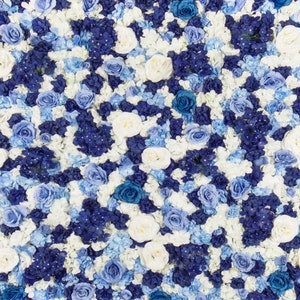 3D artificial flower wall panel with indigo and white rose-like blooms