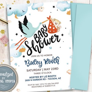 Teddy Bear Baby Shower Invitation - Stork Delivery Baby Shower - It's A Boy Animal Invitations - Watercolor Blue Stars and Moon Personalized