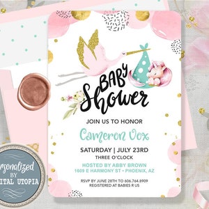 Unicorn Baby Shower Invitation - Stork Delivery Baby Shower - It's A Girl Animal Invitations - Watercolor Pink Stars and Moon Personalized