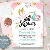 Unicorn Baby Shower Invitation - Stork Delivery Baby Shower - It's A Girl Animal Invitations - Watercolor Pink Stars and Moon Personalized