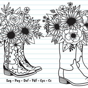 Cowboy boots line-art SVG with sunflowers and floral details