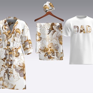 Maternity robe and swaddle set with beige-and-gold floral print, plus matching Dad shirt