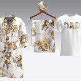 Maternity robe and swaddle set with beige-and-gold floral print, plus matching Dad shirt