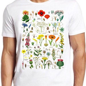 White short-sleeve T-shirt with colorful retro wildflower graphic front