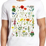 White short-sleeve T-shirt with colorful retro wildflower graphic front