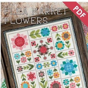 Downloadable cross-stitch pattern PDF featuring a grid of colorful flower blocks