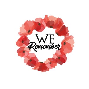 Remembrance Day poppy sticker with 'We Remember' text