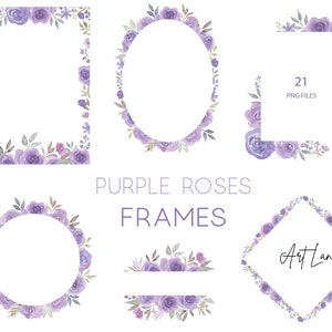 Watercolor purple rose frames set with oval border, corner accents, and floral elements