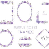 Watercolor Floral Clipart Purple Roses Frames, Watercolour Clip Art Digital Download Free Commercial Use PNG, Set Purple Flower Frames