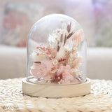 Dried and preserved pastel pink flower arrangement under a bell ESPRIT BOUDOIR, romantic eternal flower deco unique Valentine's Day gift
