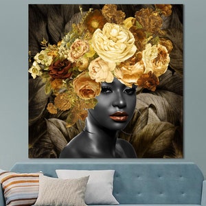 Canvas wall art of a woman’s face with a golden floral crown