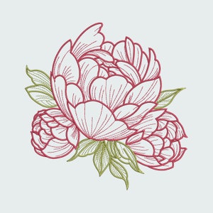 Pink peony flower embroidery design with layered petals and green leaves