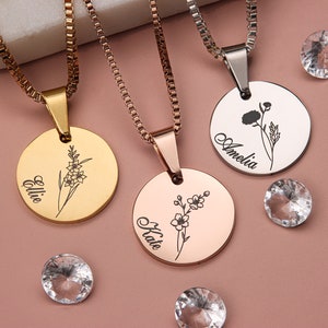 Personalized birth month flower necklace with round engraved floral pendant discs