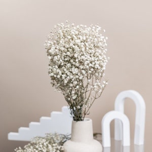 Preserved white dried baby's breath bouquet in a small white vase