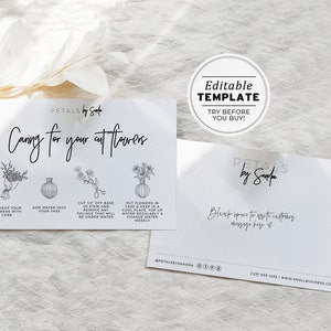 Editable florist care instruction enclosure card template with floral sketch, white cards