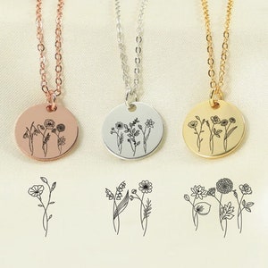 Birth flower family necklace set with three round engraved pendants and chains